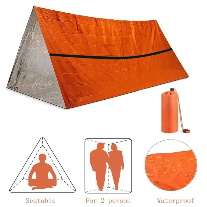 Emergency Mylar Tent - 2人用緊急シェルターサバイバルテントキットマイラーチューブテント寝袋防水屋外SOS保温ブランケット再利用可能